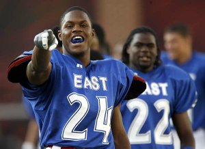 Heber Springs’ Braylon Mitchell
enjoys himself during the Arkansas High School All-Star game at Reynolds Razorback Stadium. Mitchell, 6-2, 220 pounds, is projected as a linebacker for the Razorbacks.