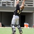 Bentonville catcher Daulton Terry grabs a foul for an out against Har-Ber in the Ozark Wood Bat Tour...