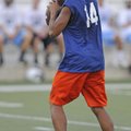 Rogers Heritage’s Forrest Johnson looks for a receiver during NWA 7-on-7 Passing League action in Sp...