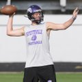 Fayetteville quarterback Austin Allen throws to a receiver on Monday during NWA 7-on-7 Passing Leagu...