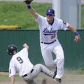 First baseman Gordon Miller records an out for Fayetteville Lindsey & Associates during Monday’s gam...