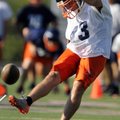 Rogers Heritage senior Hayden Severs practices kicking field goals Tuesday during the War Eagles’ mo...