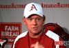 Arkansas Coach Bobby Petrino reacts to KAKS radio personality Renee Gork after answering a question during a news conference Saturday. Video of the entire press conference can be viewed on WholeHogSports.com.