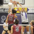 Fayetteville junior middle blocker Shannon Airola, left, and sophomore middle blocker Hannah Pinter ...