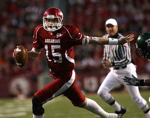Arkansas quarterback Ryan Mallett runs against Eastern Michigan.