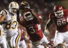 Arkansas receiver Joe Adams (3) dives into the end zone to complete a 15-yard touchdown reception from Ryan Mallett in the third quarter as Tennessee Tech’s Travis Adkins (83) watches. Adams had 6 catches for 138 yards and 2 touchdowns in the 44-3 victory Saturday night.