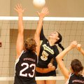 Bentonville outside hitter Shayne Wiedemann drives the ball past a pair of Springdale High players T...