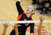 Rogers Heritage sophomore Emily Alderson spikes the ball against Shiloh Christian during an Aug. 17 scrimmage in Rogers.