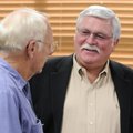 Benton County Judge candidate Bob Clinard, right, talks Tuesday with Dale King, justice of the peace...