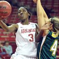  Arkansas forward Jamesha Townsend drives past Missouri Southern defender Emilie Schirmer during Wed...