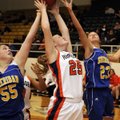 Rogers Heritage’s Lacey Murray battles for a rebound against Sheridan’s Karson Henry, left, and Ambe...