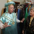 John Meyer, dressed as a biblical wise man, talks with costume manager Phyllis Bishop about the snow...