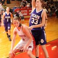 Farmington junior center Lexie Lewis, left, drives to the basket as Ozark junior forward Brittany Mu...