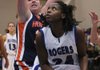  STAFF PHOTO J.S. WEDGEWORTH
Rogers High School's Taylor Strickland looks to the basket Saturday, Jan. 22, 2011, Rogers Heritage High School's Alyssa Lane defends at Rogers High School.
