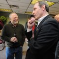 Nelson Driver, former Bikes, Blues & BBQ event director, left, visits Tuesday with Ben Handford, new...