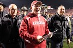 Arkansas Coach Bobby Petrino, shown after the Razorbacks beat LSU in November, was one of three SEC coaches featured by the Wall Street Journal in a study of oversigning in college football. 