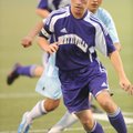 Fayetteville’s Anthony Euculano, left, redirects the ball as Springdale Har-Ber’s Miguel Gomez appli...