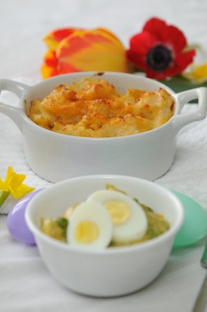 When the Easter feast is finished, remake the leftovers into new and different dishes. Extra hard-boiled eggs can become an Egg Curry, foreground, and ham and au gratin potatoes can combine for a variant Cottage Pie.