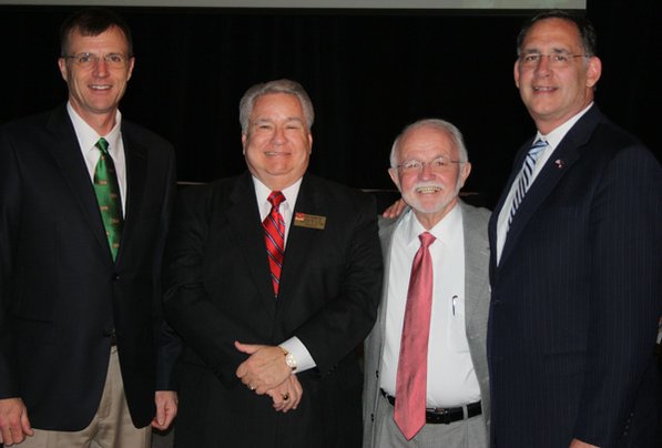 
                               
                                  Photo by Carin Schoppmeyer&mdash;
                               
                           
                           Sen. John Boozman, right, and Boy Scouts Westark Area Council President Daniel Shewmaker, from left, congratulate Veteran Honoree George Westmoreland and Golden Eagle Award recipient Dick Trammel at the organization’s April 19 fundraiser.
