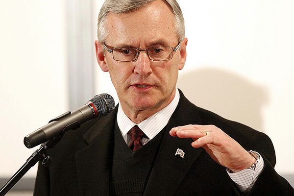  Ohio State coach Jim Tressel talks with members of the media during an NCAA college football news conference, Tuesday, March 8, 2011, in Columbus, Ohio. 