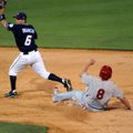  Northwest Arkansas second baseman Jeff Bianchi looks to first base after forcing out Springfield ba...