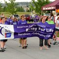  Cancer survivors wearing purple walk the opening lap Friday of Relay For Life of Benton County near...