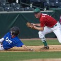 Greenland’s Jordan Larkin, right, catches Ryan Johnson of Abundant Life High School at third base Mo...