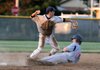 Lindsey’s Brad Hallenbeck throws to first after forcing out Fort Smith Kerwins’ Brennan Rogers at second base to begin a double play in the Zone 1 championship game American Legion Tournament Monday at Northwest Park in Rogers.