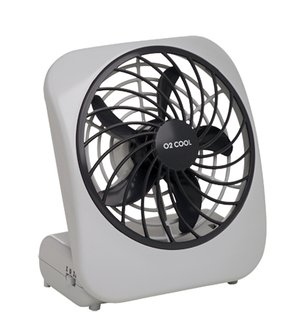  O2 Cool offers both rechargeable fans and fans that can be powered by either
electricity or batteries. Each fan is white, square and has a flat base.
These fans can be used indoors or outdoors, making them ideal for desktop
use or camping. Cost is a scant $15-$30 at Walmart.com
cq.

Courtesy of O2 Cool.