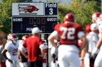 Because of construction zones around the team’s practice field, the Arkansas Razorbacks are practicing on the university’s intramural fields, located across Razorback Road from Walton Arena and its parking lots in Fayetteville. 