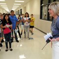 Mel Ahart, new principal at Kirksey Middle School in Rogers, talks Monday to a group of students on ...