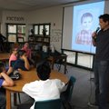 Patrick Carman, author of the Skeleton Creek book series, talks to seventh-graders at Helen Tyson Mi...