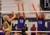 Bentonville’s Melissa Bakke, left, attempts to spike the ball past Fayetteville’s Paige Gocke (19) and Kennedie Daniel during the first game of the Lady Bulldogs’ 25-15, 25-20, 25-21 win Thursday at Fayetteville High. Go to <a href="http://photos.nwaonline.com">photos.nwaonline.com</a> to see more photos.