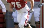 Matt Hall, shown in this 2009 photo at spring practice, will be starting at right guard for Ole Miss. Hall played at Arkansas in 2008-2009 before transferring. 