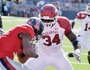 University of Arkansas defender Jerry Franklin puts the stop on Ole Miss runningback Jeff Scott in the end zone to score a safety in the third quarter of Saturday's game.