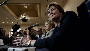 Tennessee women’s basketball Coach Pat Summitt (right) and assisstant Holly Warlick talk with reporters during the SEC media days Thursday in Hoover, Ala. Summitt was diagnosed in May with early onset dementia, Alzheimer’s type, but doesn’t plan to stop coaching just yet. 
