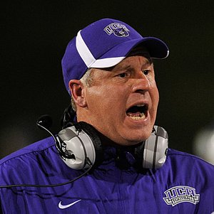UCA head football coach Clint Conque shouts instructions to his offense during the 3rd quarter of an NCAA football game against Arkansas State in Jonesboro, Arkansas.
Special to the Democrat Gazette/JIMMY JONES