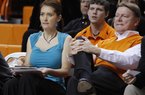 This Nov. 9, 2011, photo shows Oklahoman State women's basketball coach Kurt Budke, right, and assistant coach Miranda Serna during an an exhibition women's NCAA college basketball game against Fort Hays State, in Stillwater, Okla. 