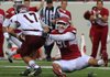 Arkansas defensive end Jake Bequette (91) sacks Mississippi State quarterback Tyler Russell in the first quarter of the Razorbacks’ 44-17 victory Saturday at War Memorial Stadium in Little Rock. Bequette had two of Arkansas’ three sacks. 