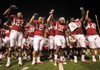 Arkansas players are seen after the Razorbacks' 44-17 victory over Mississippi State.