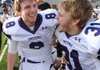 Fayetteville junior quarterback Austin Allen, left, celebrates with senior kicker Max Coffin Saturday, Dec. 3, 2011, after the Dogs' 29-28 overtime win over Bentonville in the Class 7A state championship game in War Memorial Stadium in Little Rock.
