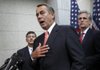House Speaker John Boehner of Ohio, flanked by Rep. Jeb Hensarling, R-Texas, left, and House Majority Whip Kevin McCarthy, R-Calif., briefs reporters on Capitol Hill in Washington, Friday, Dec. 16, 2011, after  lawmakers from both political parties came together on an 11th-hour deal to keep the government from shutting down.  (AP Photo/J. Scott Applewhite)