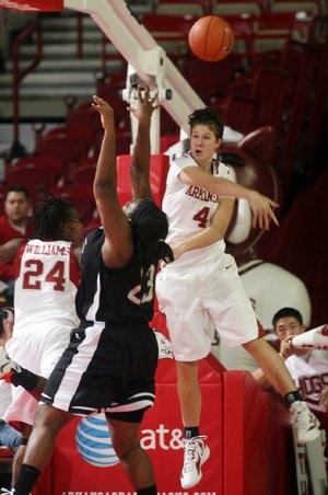 Arkansas center Sarah Watkins (right) blocks a shot by Texas Southern center Ginnesica Lawler during Wednesday night’s game at Walton Arena in Fayetteville. Watkins scored 16 points in the Razorbacks’ 86-41 victory. 