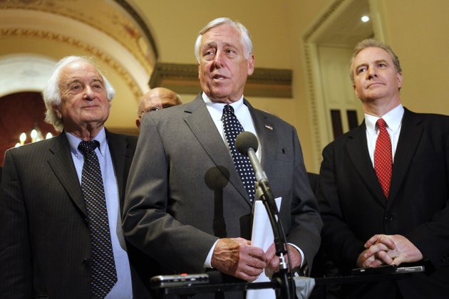 ways-and-means-committee-ranking-member-sander-levin-d-mich-left-house-democratic-whip-steny-h-hoyer-d-md-and-budget-committee-ranking-member-chris-van-hollen-d-md-speak-to-the-media-about-the-payroll-tax-cut-at-the-capitol-in-washington-on-friday-dec-23-2011