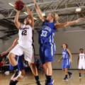 Karen Perez, Springdale High, left, takes the ball to the basket Friday under pressure from Carthage...
