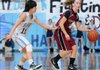 Springdale High’s Brittany Jurgens moves up the court against Jessica Olson of Springdale Har-Ber. Jergens and the Lady Bulldogs will travel to Fort Smith Northside tonight in 7A-West Conference action.
