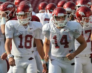 Arkansas punter Dylan Breeding (14) finished the season as the SEC leader in punting averages at 45.3 yards. Kicker Zach Hocker (18) was second in scoring (9.08) and field goals per game (1.62).