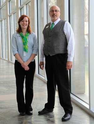 From: Laura Jacobs 
Date: January 13, 2012 2:31:49 PM CST

Uniform at Crystal Bridges

left, Hilary Hutter, guest services associate
right, David Wright, guest services manager  the gallery attendants wear the same uniform.
 

1/13/12

