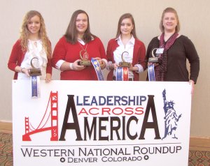 Winners at the Leadership Across America roundup in Denver, Colo., were: Janee' Shofner — Centerton 4-H (left); Carley Allen — Johnson County 4-H; and Sarah Mills — Outdoor Adventures 4-H in Gentry. Susan Holman, county extension agent in Franklin County, is on the right.
