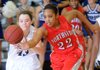 Kilah Cummings, Fort Smith Northside, right, steals the ball from Hannah Davidson of Rogers High on Tuesday during the second half of the game in Rogers.